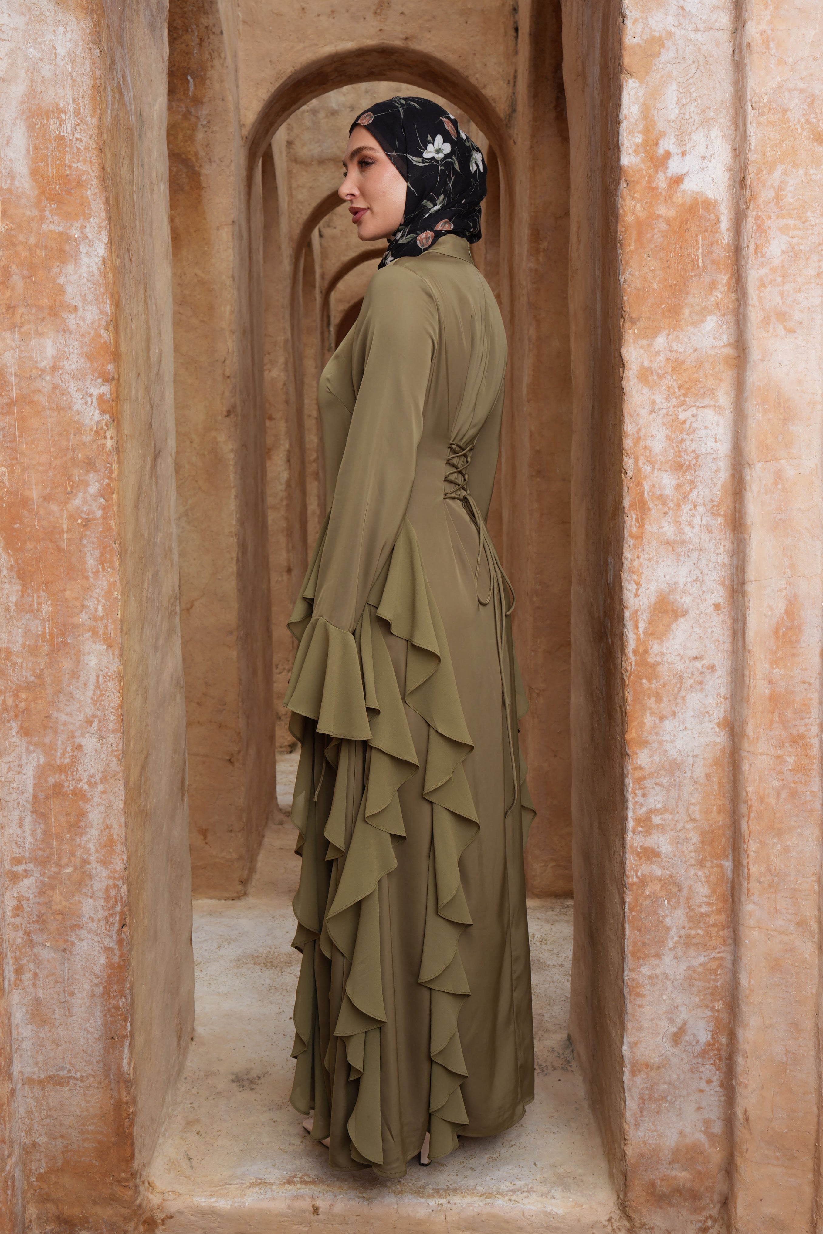 Alyah Satin Maxi Dress - Olive Green - Modern Hijabi