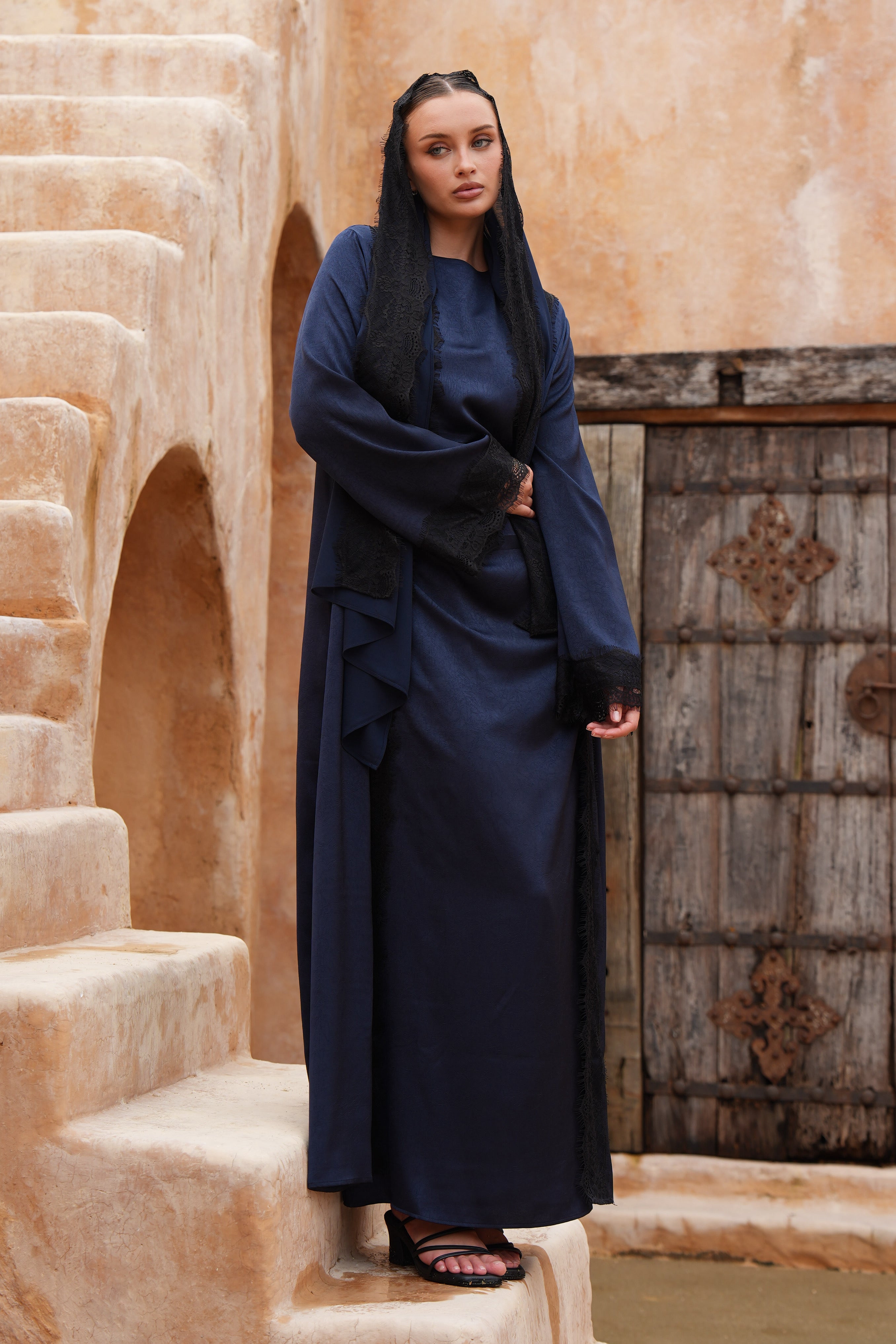 Ameera Lace 3pc Abaya Set - Navy - Modern Hijabi