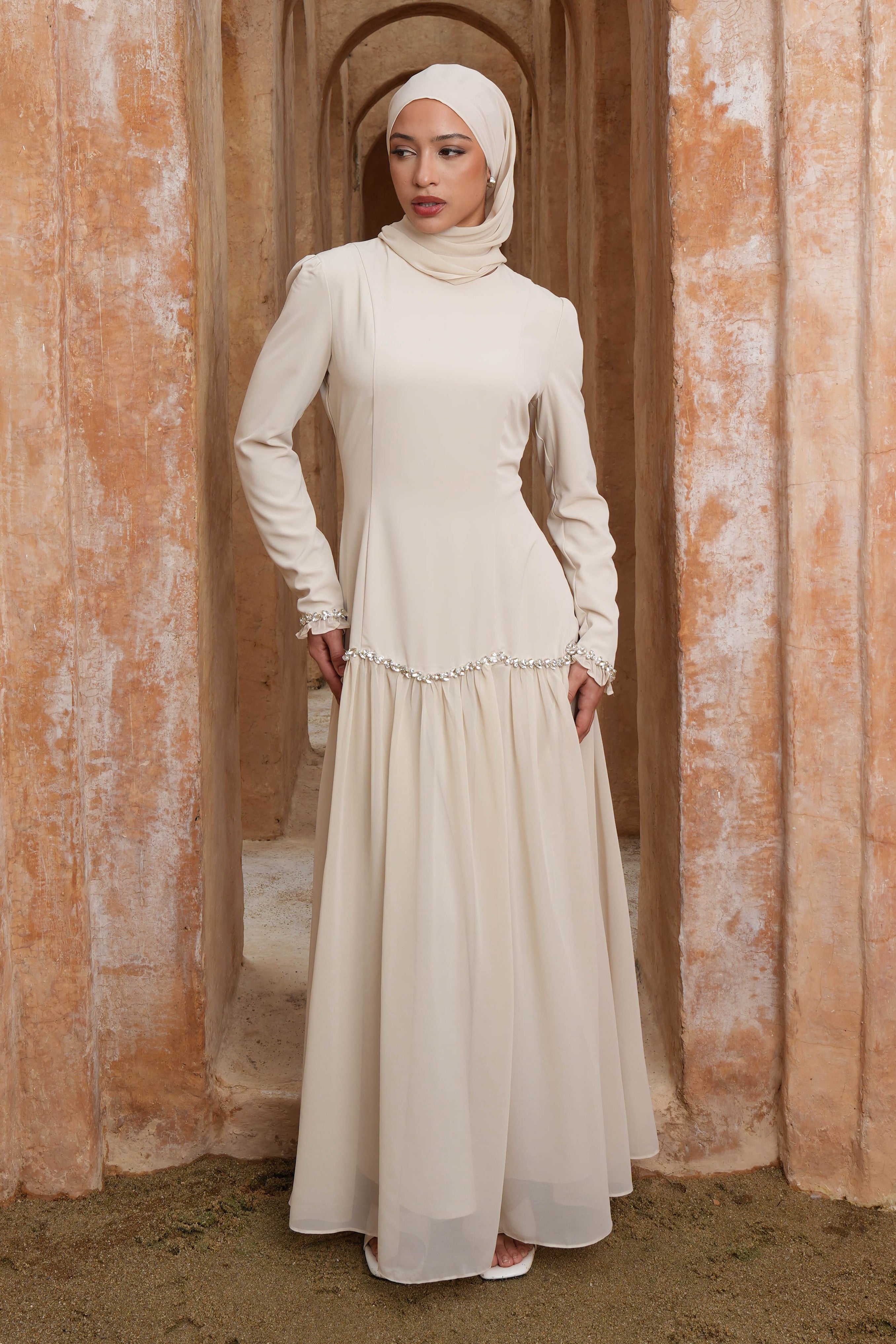 Mira Crystal Maxi Dress Set - Champagne - Modern Hijabi