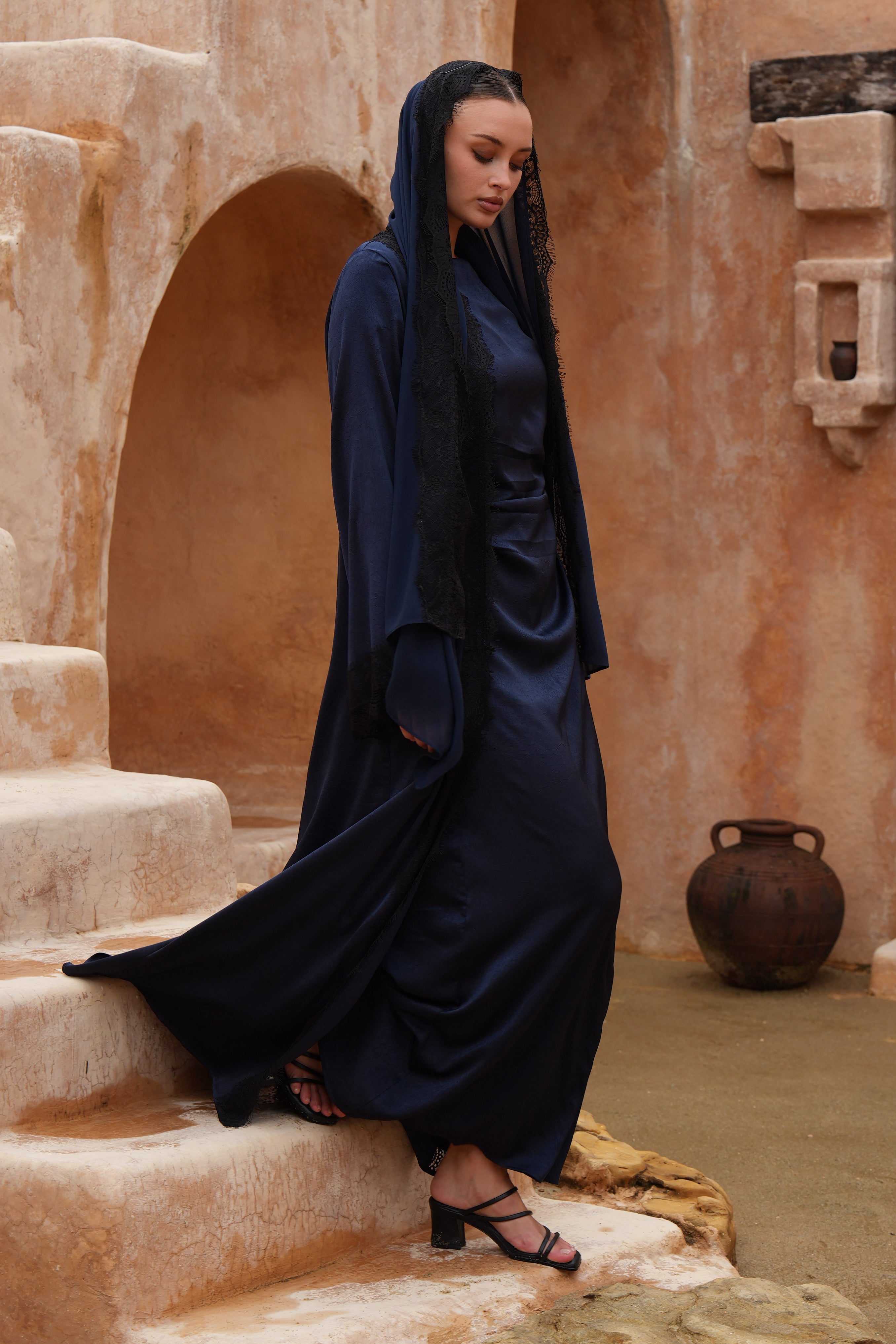 Ameera Lace 3pc Abaya Set - Navy - Modern Hijabi