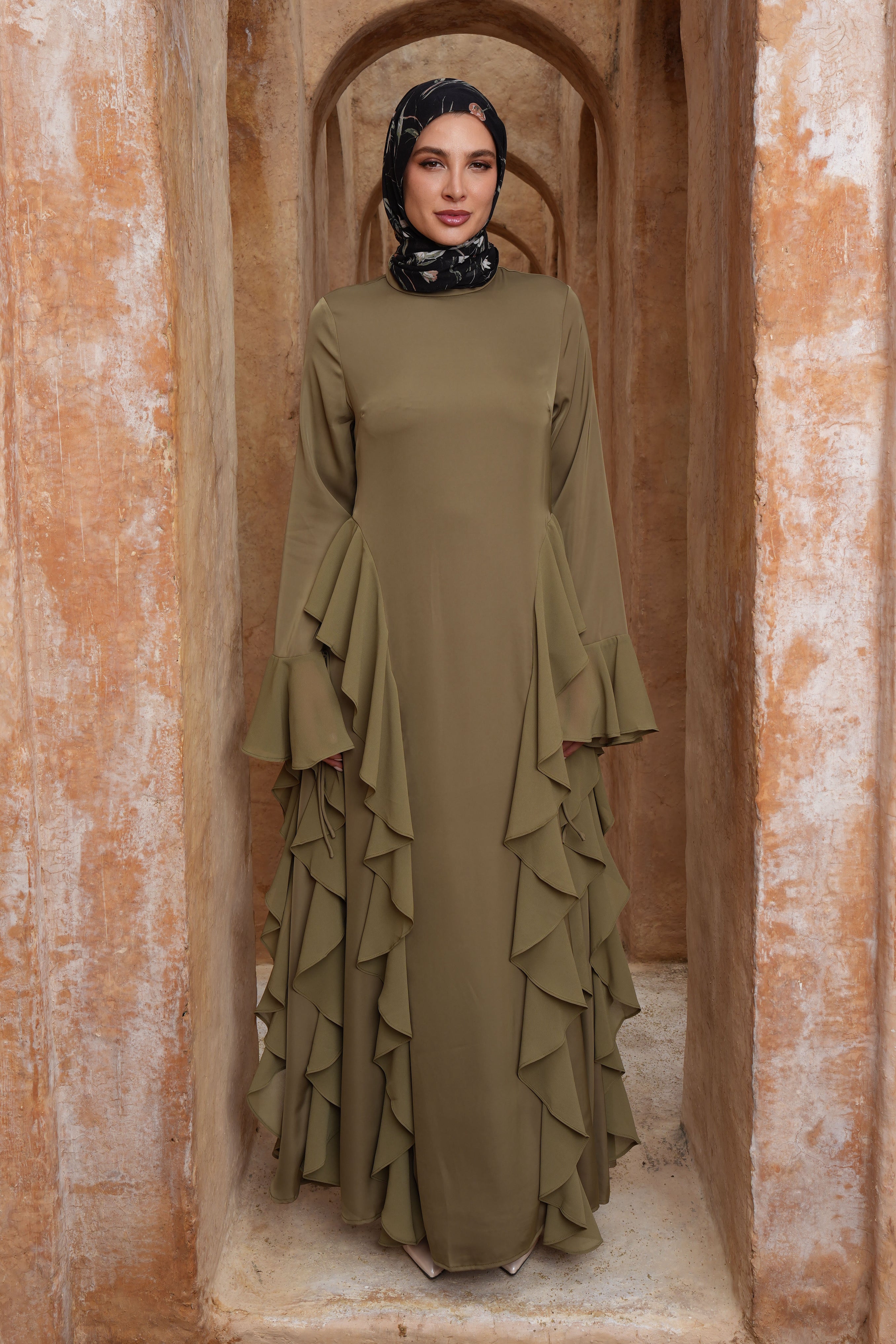 Alyah Satin Maxi Dress - Olive Green - Modern Hijabi