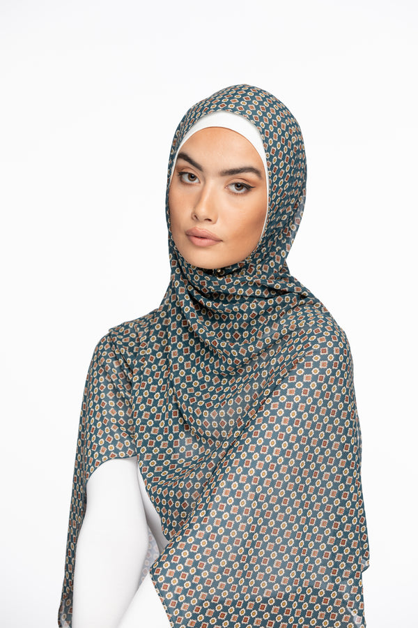 Printed Chiffon Hijab - Teal Mosiac