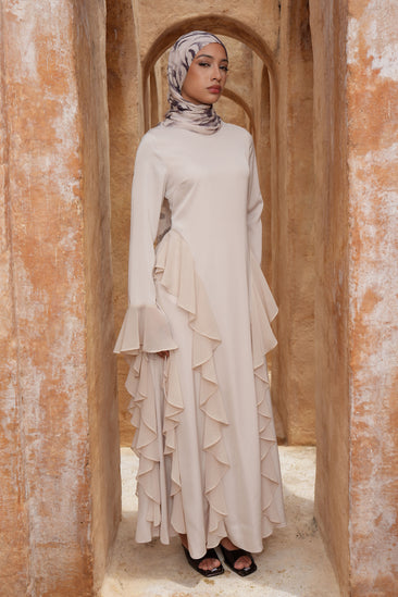 champagne ruffle maxi dress Alyah Satin Maxi Dress
