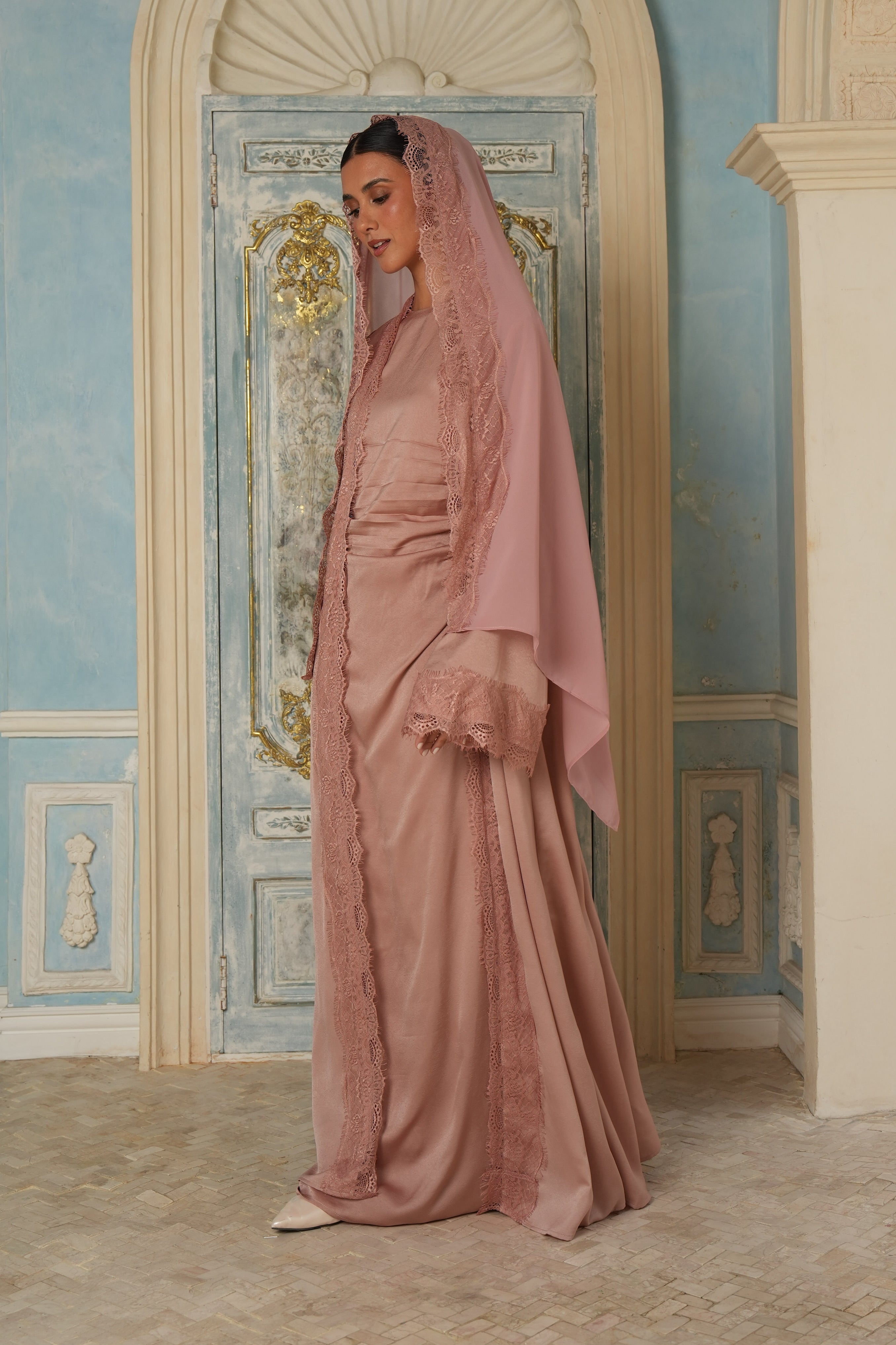 Ameera Lace 3pc Abaya Set - Mauve