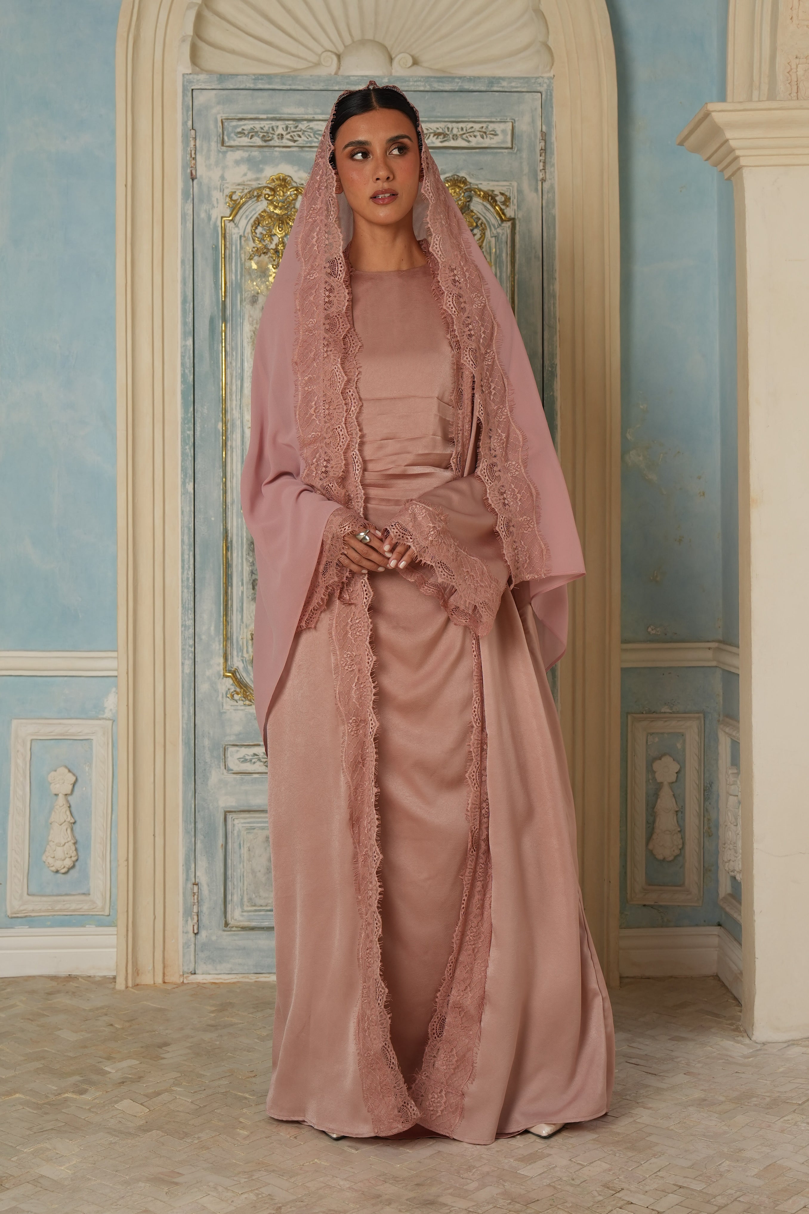 Ameera Lace 3pc Abaya Set - Mauve