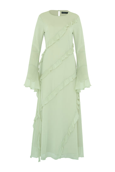 sage green ruffle maxi dress Sage Green V-Neck Ruffle Maxi Dress with Balloon Sleeves – Modsele main image 0