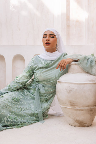 dress formal hijab Luxury Sage Green Modest Hijab-Style beaded Evening Dress SS613 Green / 4 main image 0