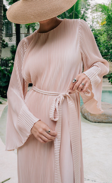 light pink floral dress for wedding Berylove Women Pink Flower Pleated A Line Wedding Party Guest Dress with Slit Floral Print Maxi Dress, Pink Flower / XL