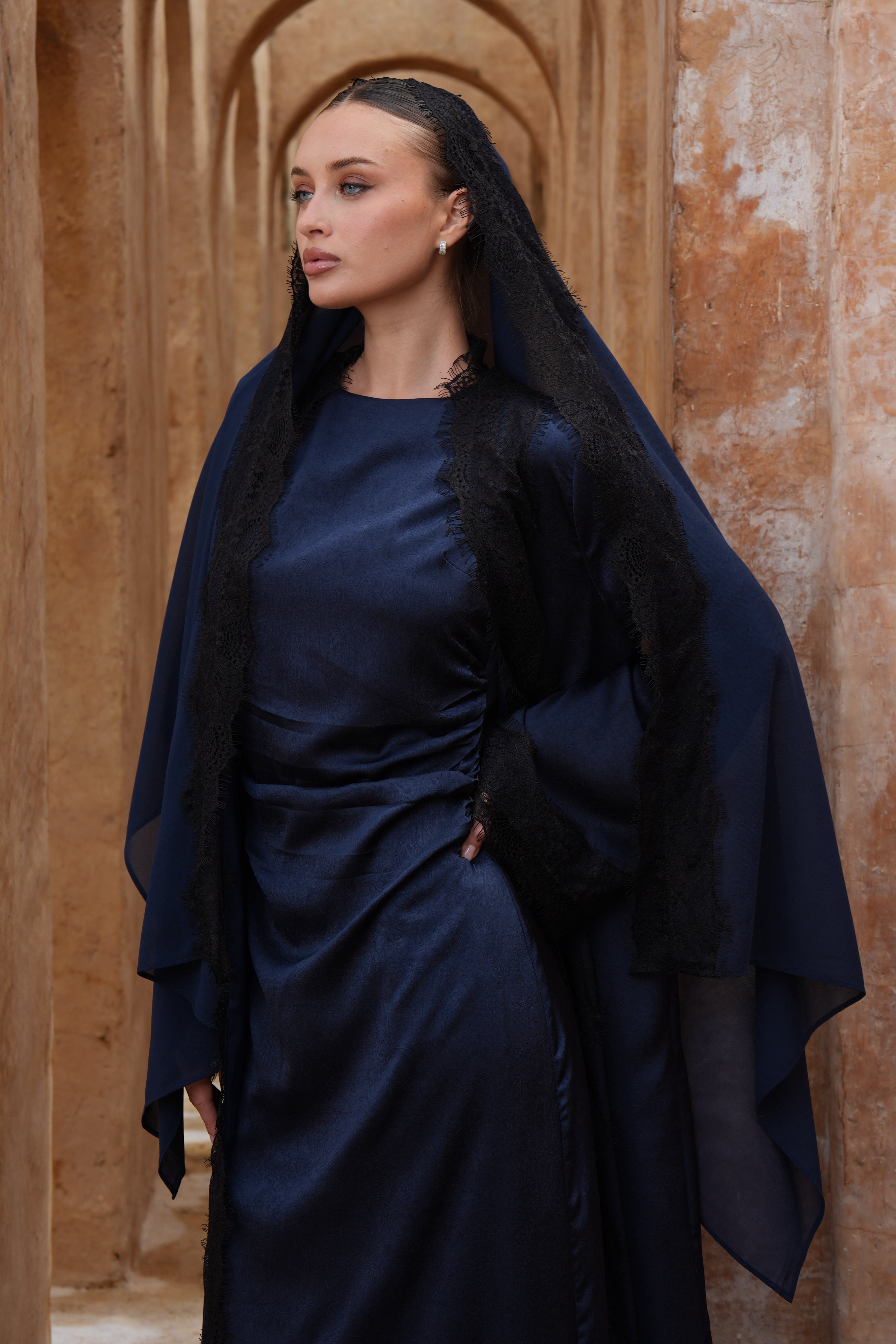Ameera Lace 3pc Abaya Set - Navy - Modern Hijabi