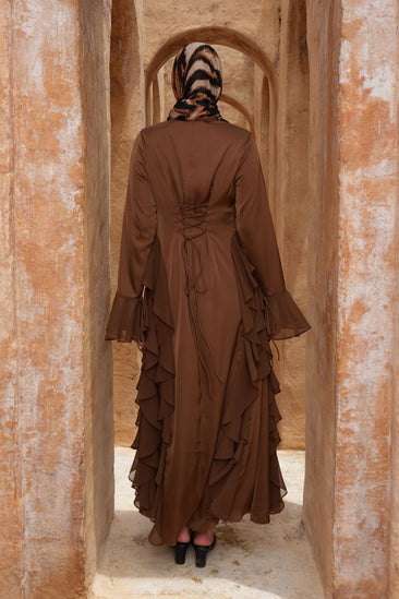 brown satin maxi dress Starling | Matte Plunge-Neck With Scarf-Detail Fully lined for a smooth finish Tied Up Maxi Dress -