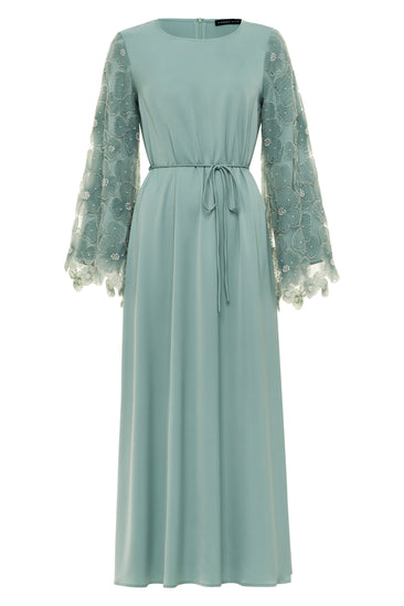 fitted lace wedding dress Mint Floral Lace Smocked Long Sleeve Off Shoulder Maternity Maxi Dress –  PinkBlush main image 1